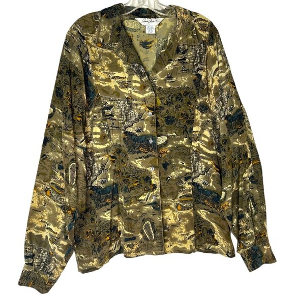 Vintage Annie Alexander Green Silk Button-Up Shirt w/Map Design Women's Size 12 - Picture 1 of 6